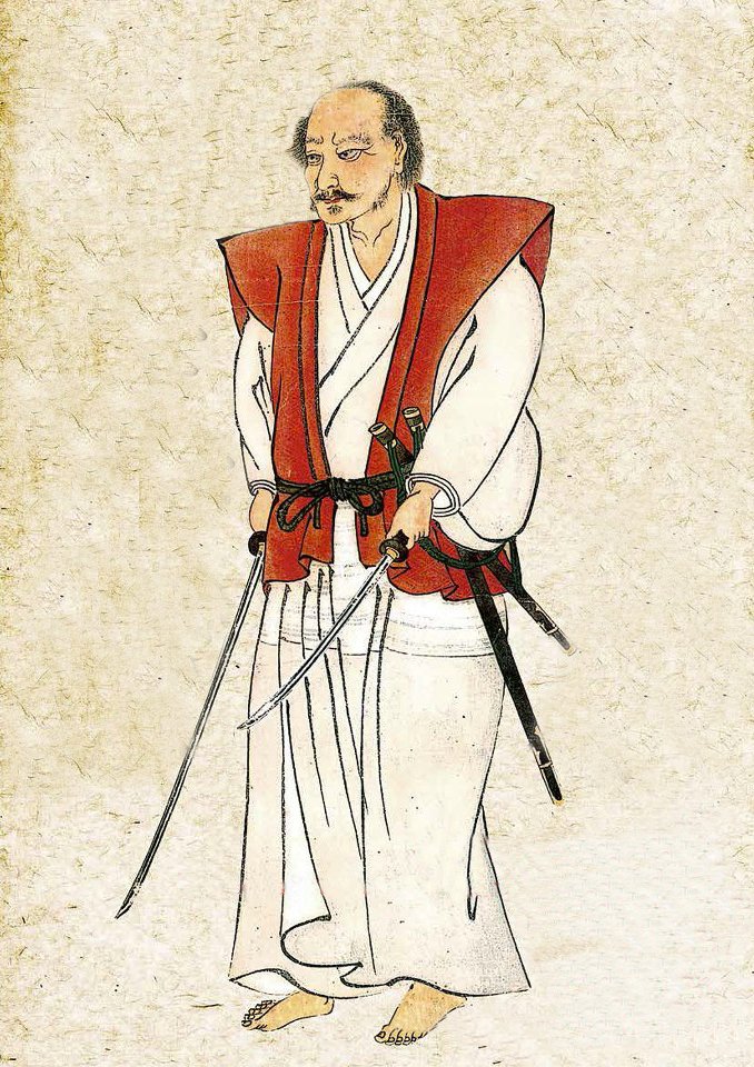 Historical illustration of a swordsman in white robes and a red vest holding two swords.